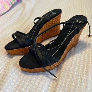 EUC Kate Spade Basket Woven Wedge Sandals Wrap Ankles Black Sz 8